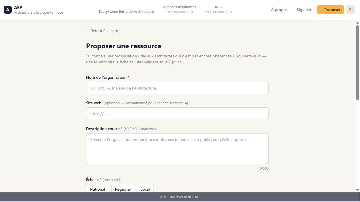 Formulaire Proposer une ressource - nom, site web, description, échelle, fonctions